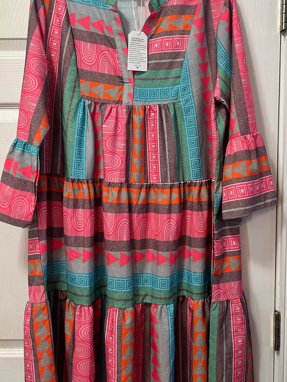 Boho Tiered Maxi Dress in Pink & Teal